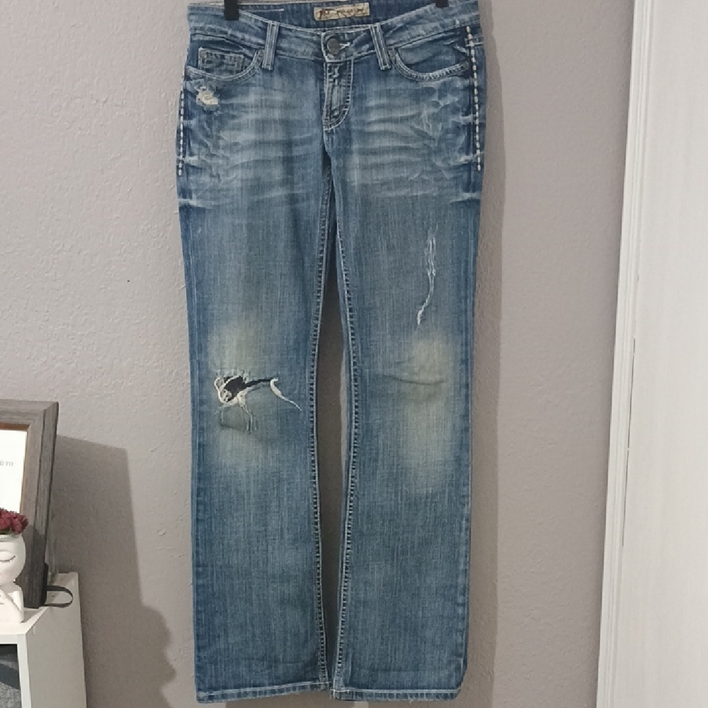 BKE Blue Straight Leg Jeans with Distressed Details